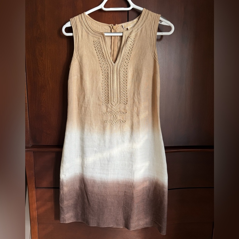 Michael Kors Linen Tie-Dye Ombre Fade
Khaki Brown Embroidered
Shift Dress